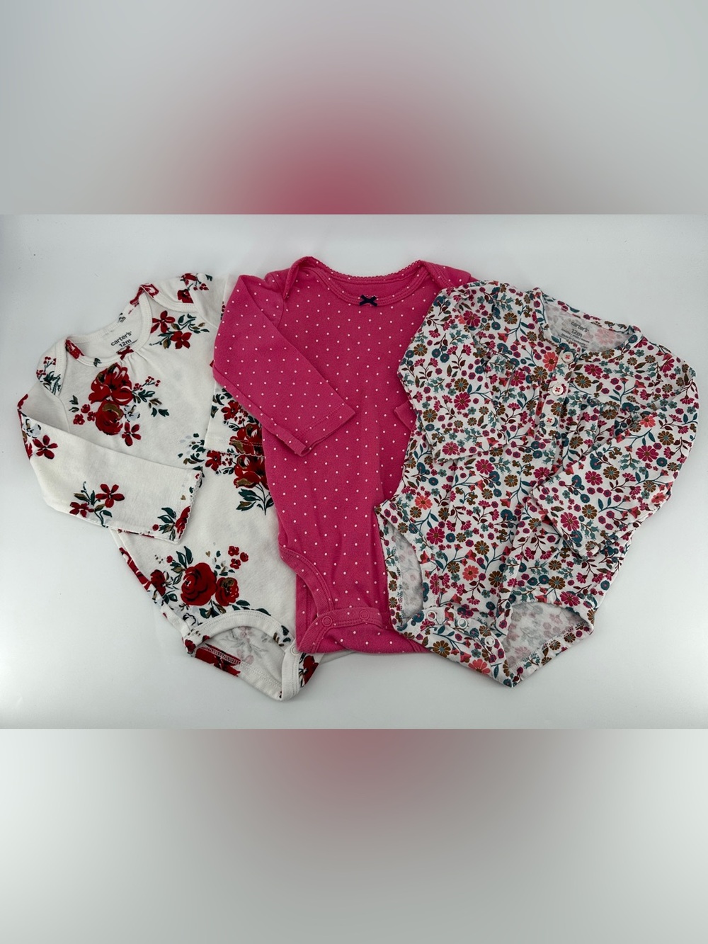 Carters Bodysuits Baby Girl 12 Months Long Sleeve 100% Cotton Set of 3 Lot